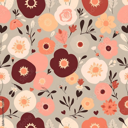 Wallpaper Mural Floral Symphony: A seamless pattern of vibrant flowers in shades of pink, red, and orange, arranged on a delicate grey background. Torontodigital.ca