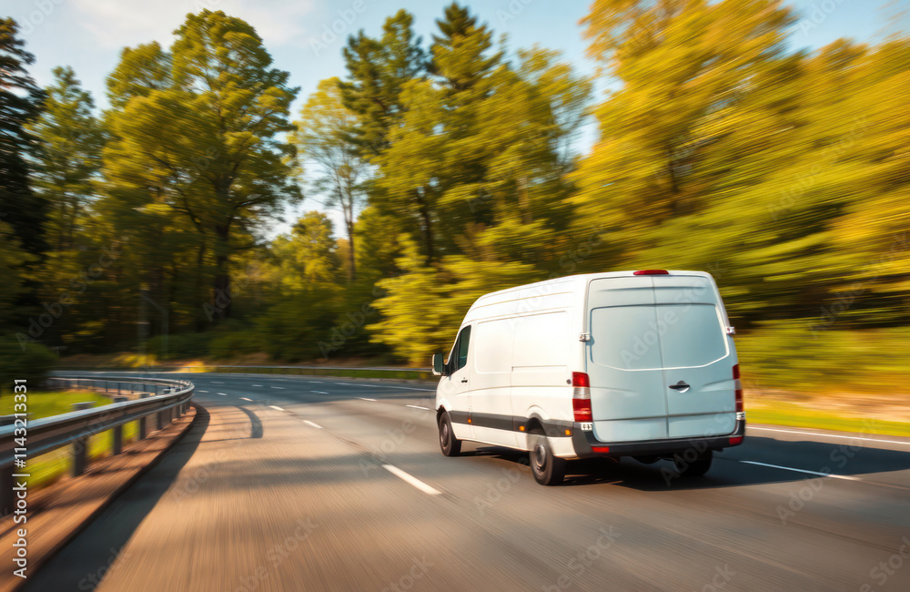 White van travels fast on highway with trees in background. Sunny day. Transportation vehicle moves swiftly. Road trip delivery service in progress. Modern van on open road. Business activity in White van travels fast on highway with trees in background. Sunny day. Transportation vehicle moves swiftly. Road trip delivery service in progress. Modern van on open road. Business activity in