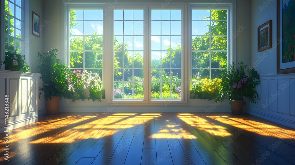 Sunlit Room with Garden View 3D Illustration Sunlit Room with Garden View 3D Illustration