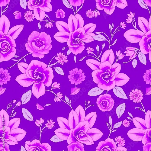 Purple Floral Paradise: A vibrant and enchanting seamless pattern featuring large, stylized roses and smaller blossoms in shades of light and dark purple, creating a captivating floral tapestry. 