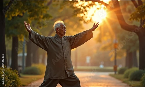 Senior citizen practicing tai chi in a peaceful park at sunrise embracing mindfulness and healthy living photo