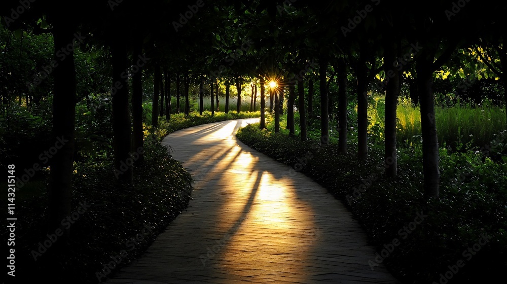 Obraz premium Sunlit path through a tree-lined walkway at sunset.