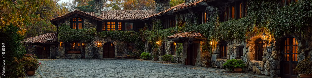 Fototapeta premium A large stone house with ivy-covered walls and warm lights stands amidst autumn trees. Concept of rustic architecture and serenity. For real estate promotion.
