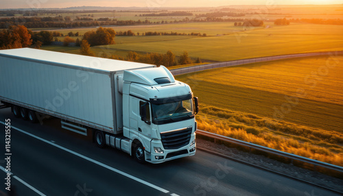White refrigerated truck transports fresh meat on highway. Rural landscape with golden fields, sunset sky. Efficient distribution of food supplies. Logistics in action. AI-powered tech for optimized photo