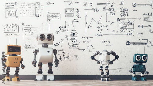 A classroom whiteboard covered in equations and sketches of robots, showcasing an engaging learning environment focused on STEM education and innovation.
