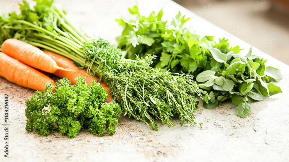 A clean kitchen counter adorned with fresh spring vegetables and herbs, evoking a sense of health and vibrant cooking inspiration. A clean kitchen counter adorned with fresh spring vegetables and herbs, evoking a sense of health and vibrant cooking inspiration.