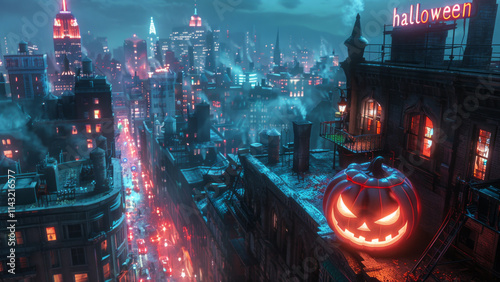 Glowing Halloween Pumpkin Overlooking Neon-Lit Cityscape