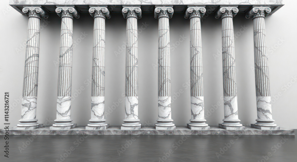 Ancient Roman marble pillars stand in row. Classical architecture design. Ornate details show historical building style. Strong support columns create stable structure. Illustration presents Ancient Roman marble pillars stand in row. Classical architecture design. Ornate details show historical building style. Strong support columns create stable structure. Illustration presents
