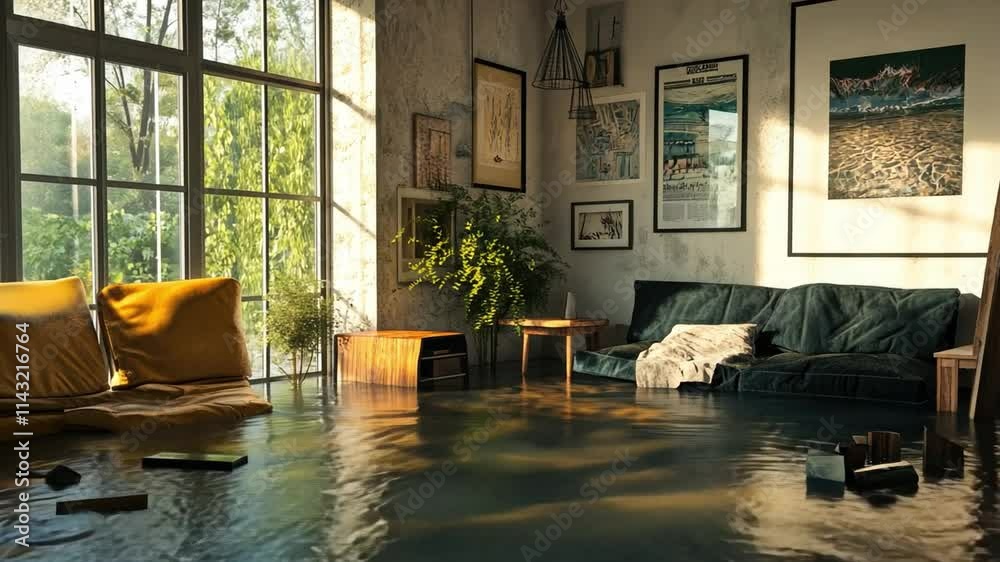 Flooded Living Room: The aftermath of a flood in a modern living room, capturing the devastation and disruption. The image depicts the submerged furniture, personal belongings scattered on the water.