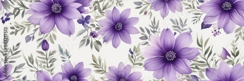 Elegant watercolor purple flower pattern on white background, trendy, soft colors, feminine, elegant textile