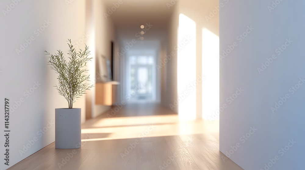 Obraz premium In the background, there is a blurry minimalist home corridor with a laptop mockup and a copy space