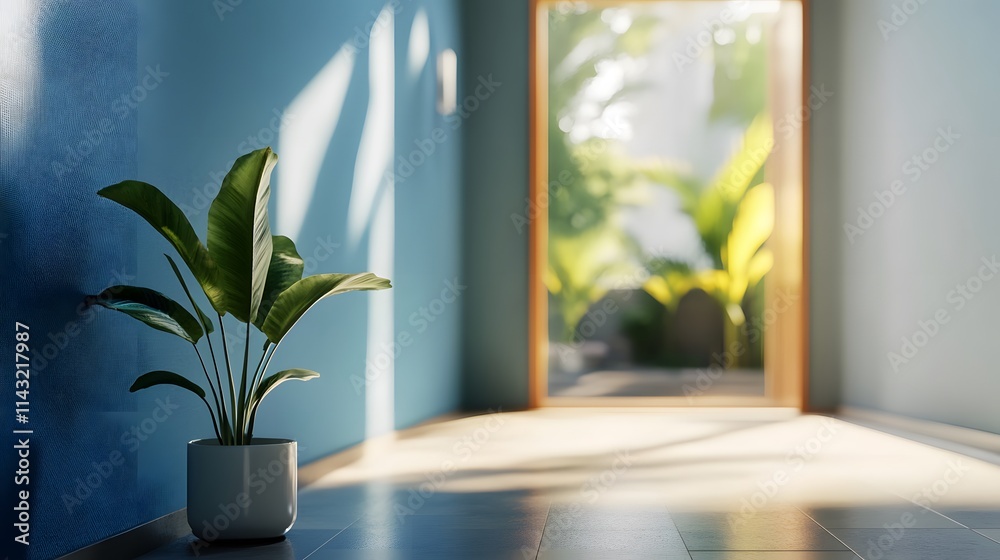 In the background, there is a blurry minimalist home corridor with a laptop mockup and a copy space In the background, there is a blurry minimalist home corridor with a laptop mockup and a copy space
