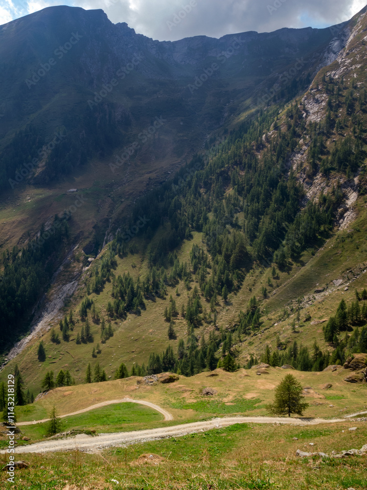 Fototapeta premium Mountain trails with valley views and dark cloud sky, Piamprato, Valprato Soana, Gran Paradiso National Park