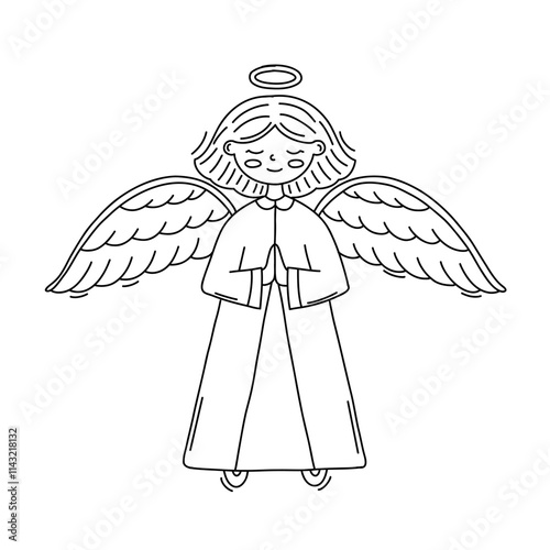 Doodle of Angel girl with hands folded in prayer. Children's Christian illustration