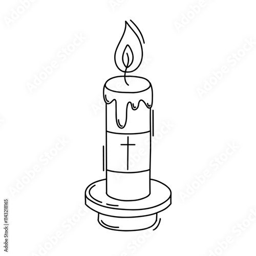 Doodle of Burning church candle with cross. Christian religion. Vector illustration