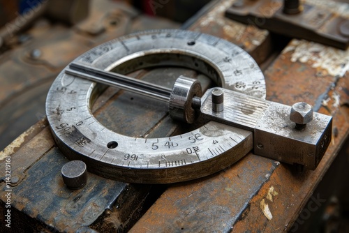 Close up of an old circular protractor showing signs of use in a workshop