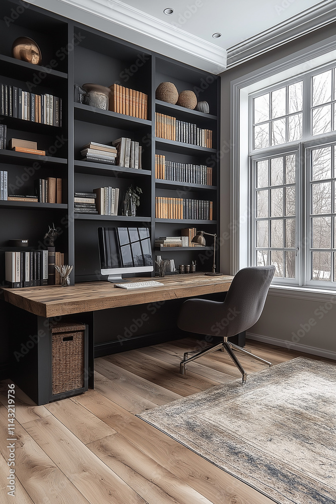 Photographie de qualité d'un bureau de travail minimaliste à domicile avec un design épuré et une ambiance productive Photographie de qualité d'un bureau de travail minimaliste à domicile avec un design épuré et une ambiance productive