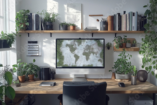 Photographie de qualité d'un bureau de travail minimaliste à domicile avec un design épuré et une ambiance productive photo