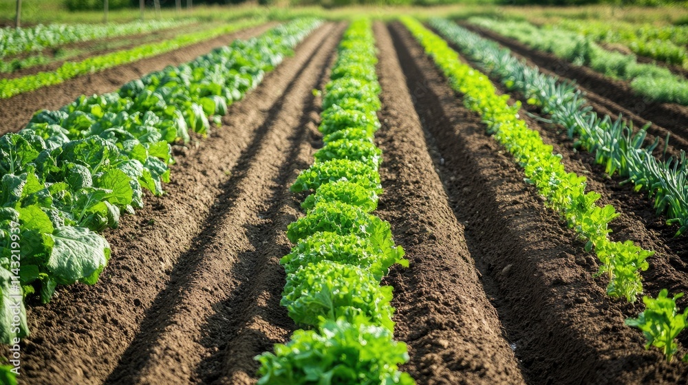 Rows of vibrant green leafy vegetables flourishing in a well-maintained agricultural field under the sunlight.