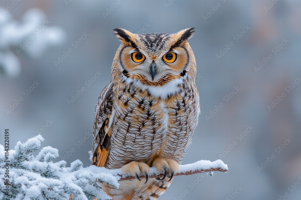 Owl perched on a snowy branch gazes intently in the winter landscape Owl perched on a snowy branch gazes intently in the winter landscape