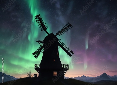 Windmill silhouette with aurora borealis in the backdrop, light pollution, dramatic sky, magnetosphere, dark night scene, magical lights photo