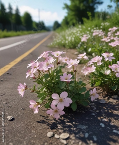 Wild radish blossoms in various stages of bloom by a road, seasonal flowers, plant stages, road verge, blooming wildflowers photo