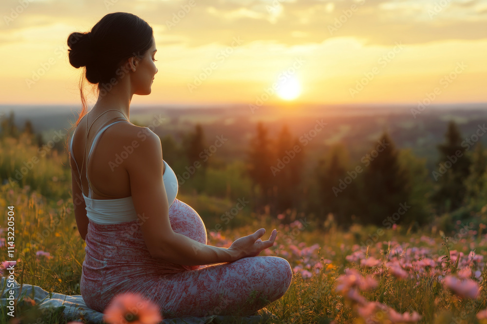 A pregnant woman sits in a meditative pose in a field during sunset, surrounded by flowers. Concept of tranquility and motherhood. For wellness or maternity content
