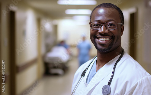 Medical professional smiles in a hospital corridor while attending to patients