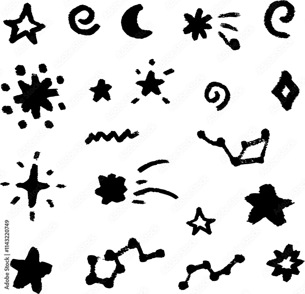 Stars and moon, doodle, black ink, vector, isolated. Hand draw, simple and fun. Stars and moon, doodle, black ink, vector, isolated. Hand draw, simple and fun.