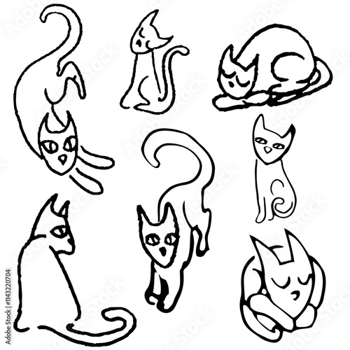 Vektor Illustration von Cute Cats, minimalism. Ink like, free hand with texture.funny and simple sketch