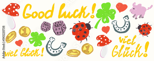 Lucky german symbols hand draw. Viktor. A dice, a mushroom, coins ladybug, piggy in beautiful colors with texture