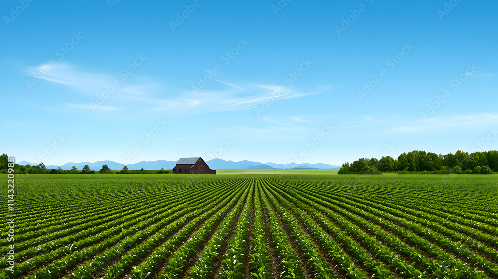 A simple illustration of a farm field with rows of crops and a barn in the distance. Farm field minimalist design. A simple illustration of a farm field with rows of crops and a barn in the distance. Farm field minimalist design.