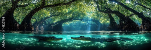 Swamp habitat thriving with mangrove trees and crocodiles swimming in clear waters