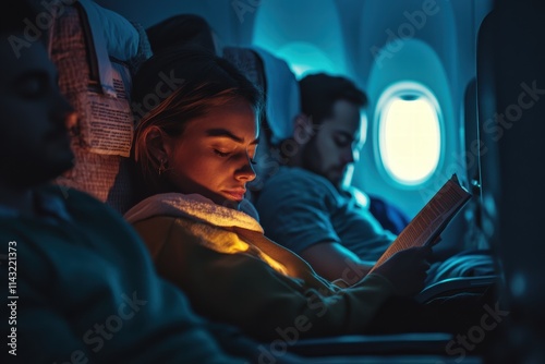 Passengers reading quietly during an airplane flight in a dimly lit cabin photo