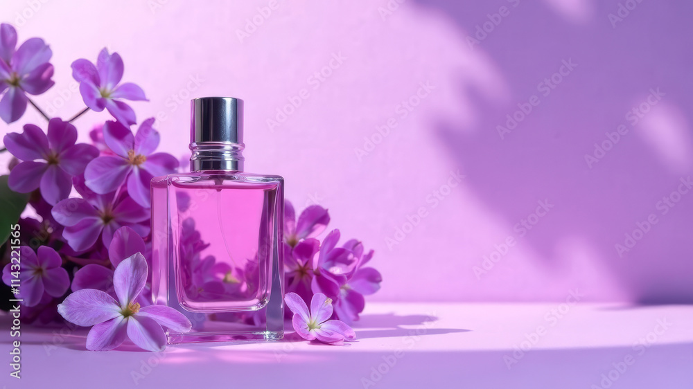 stylish modern perfume bottle on purple background with shadows, lilac flowers, copy space stylish modern perfume bottle on purple background with shadows, lilac flowers, copy space