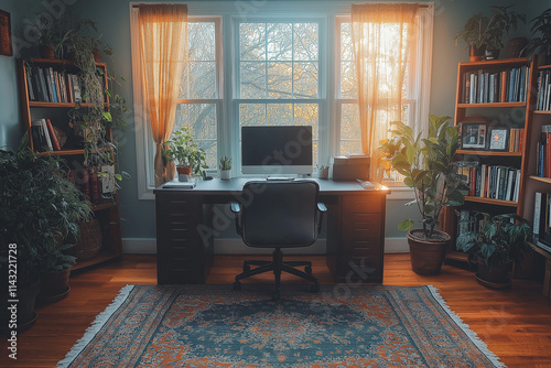 Photographie de qualité d'un bureau de travail minimaliste à domicile avec un design épuré et une ambiance productive photo