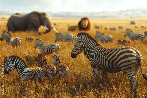 Vibrant savannah scene with zebras, elephants, and lions under a clear sky photo