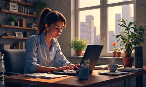 Person typing on a laptop at a desk in an office filled with papers showcasing productivity and focus photo