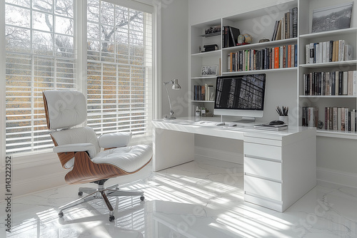 Photographie de qualité d'un bureau de travail minimaliste à domicile avec un design épuré et une ambiance productive photo