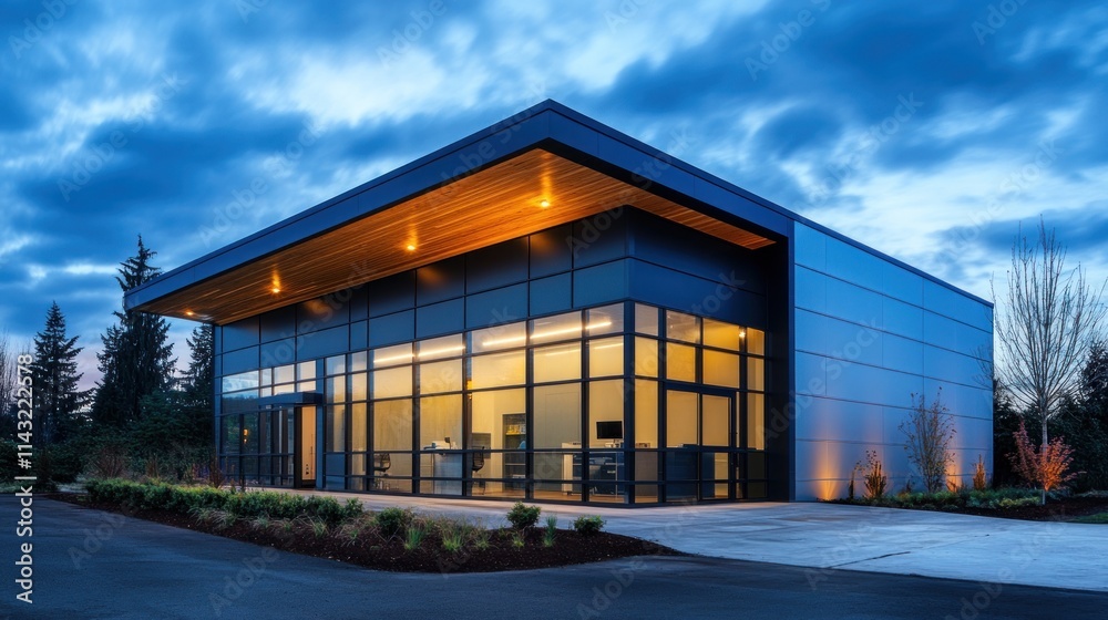 Modern commercial building with large windows and a sleek design at twilight. Modern commercial building with large windows and a sleek design at twilight.