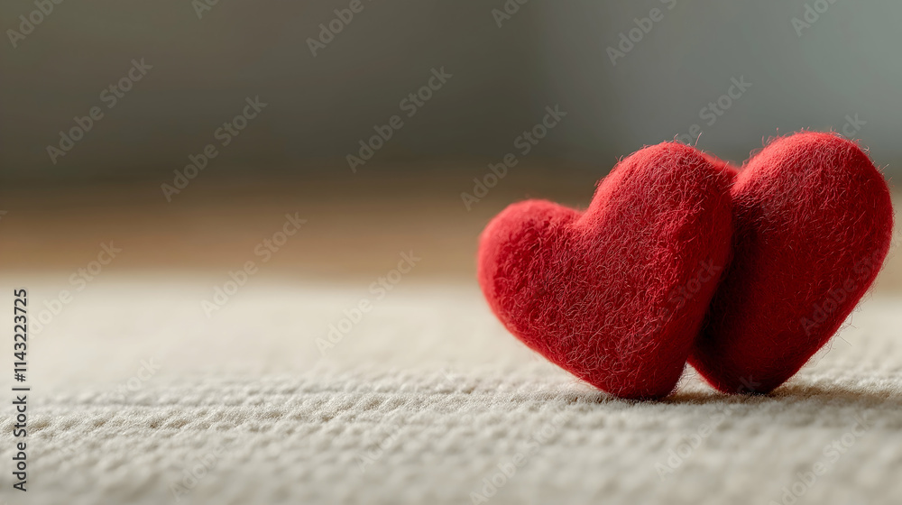 Two red heart shapes sit together, symbolizing love and affection, on a soft, textured surface, conveying warmth and intimacy. Two red heart shapes sit together, symbolizing love and affection, on a soft, textured surface, conveying warmth and intimacy.