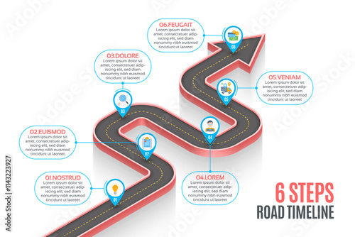 Isometric navigation map infographic 6 steps timeline concept. Winding road.