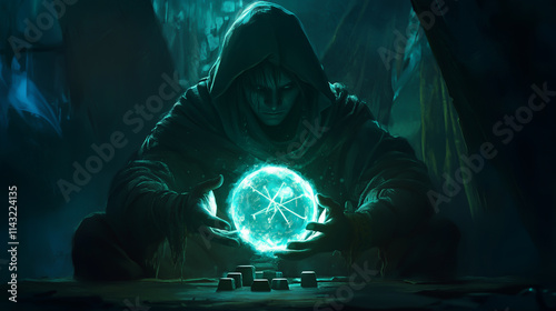 Dark Fantasy Concept Art of Fortune Tellers with Glowing Crystal Balls in Mystical Tents
