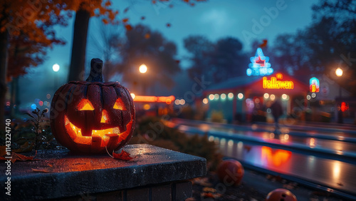 Glowing Halloween Pumpkin Lantern in Cozy Outdoor Setting