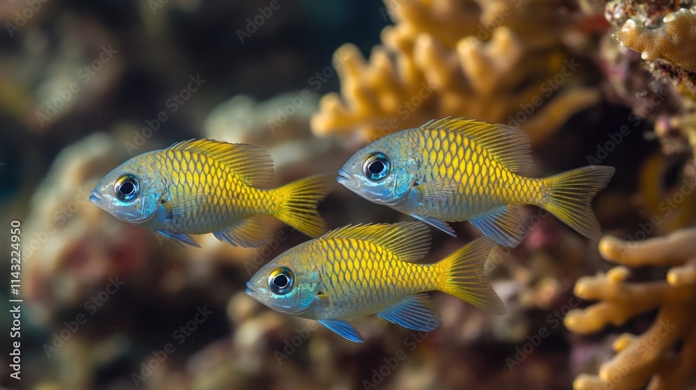 Three vibrant yellow fish swimming near coral in a clear underwater environment. Three vibrant yellow fish swimming near coral in a clear underwater environment.