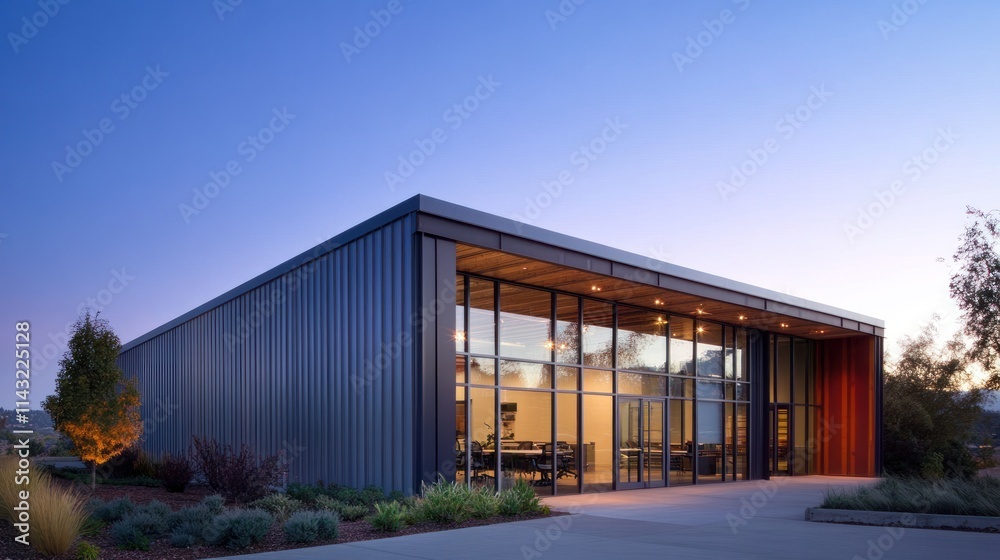 Modern architectural structure with large glass windows and clean lines at dusk. Modern architectural structure with large glass windows and clean lines at dusk.