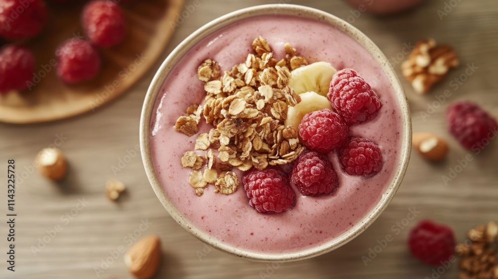 Healthy food arrangement: a bowl of fresh fruit, nuts, and smoothie on a wooden table