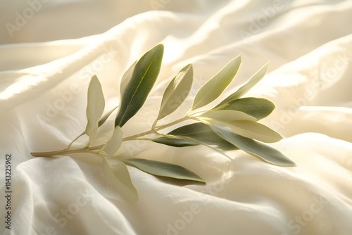 Olive branch on linen cloth photo