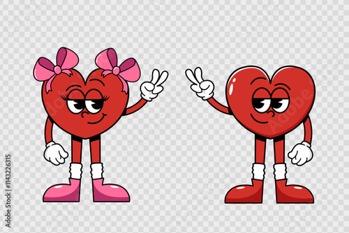 Couple of hearts, retro characters of hearts in a groovy style. Cute and psychedelic mascots with face, arms, legs. Happy Valentine's Day. Isolated on transparent background