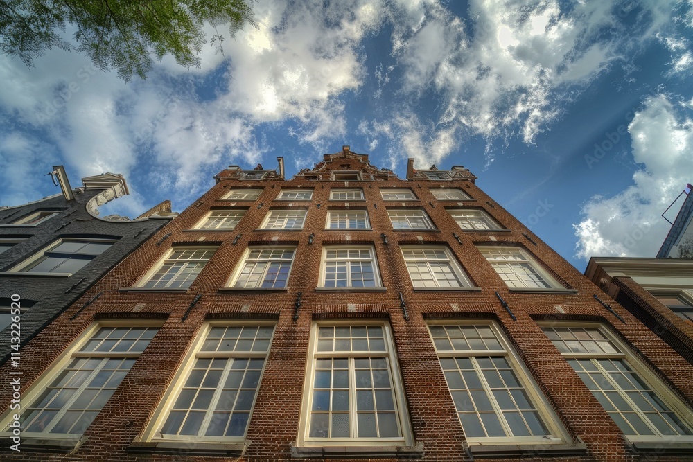 Fototapeta premium Low angle view of a tall brick building with many windows on a sunny day